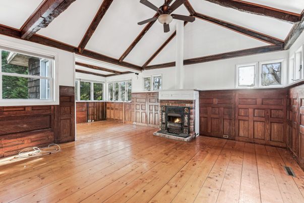 Empty room, Fireplace, Interior, Wooden Beams, Wood Texture Flooring, Wooden Walls