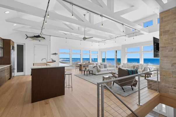 Interior, Kitchen, Living room, Recessed Lighting, Stone Walls, Water, Wood Texture Flooring