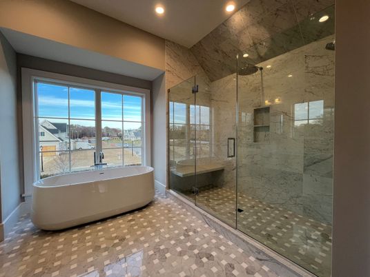 Bathroom, Free Standing Baths, Glass Shower, Interior, Marble Walls, Recessed Lighting