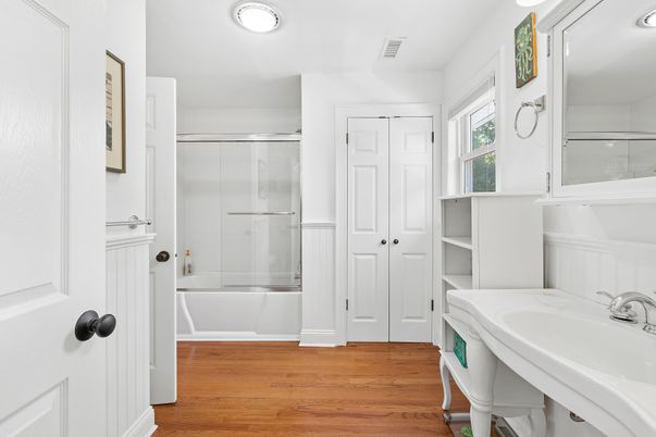 Bathroom, Glass Shower, Interior, Wood Texture Flooring