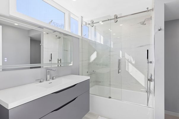 Bathroom, Glass Shower, Interior, Marble Walls, Recessed Lighting, Wood Texture Flooring