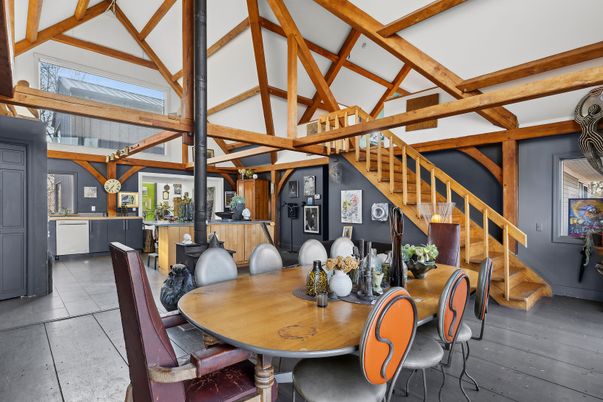 Dining room, Interior, Pendant Lights, Wooden Beams, Wood Texture Flooring
