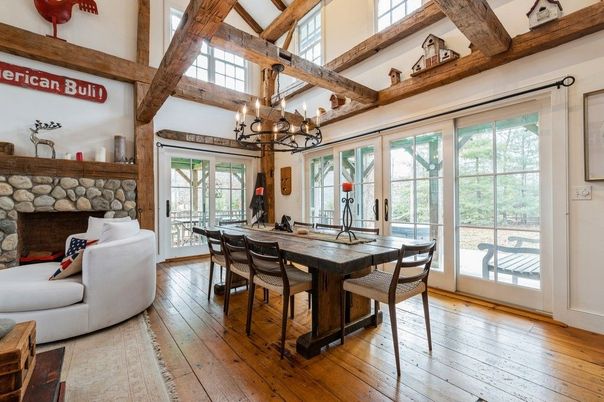 Chandelier, Dining room, Fireplace, Interior, Wooden Beams, Wood Texture Flooring