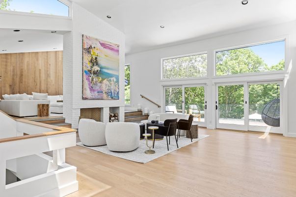 Dining room, Fireplace, Interior, Living room, Recessed Lighting, Wood Texture Flooring