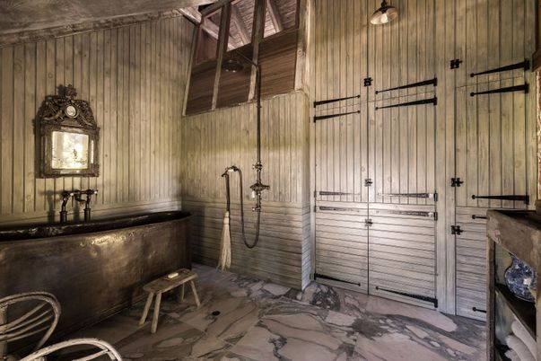 Bathroom, Interior, Marble, Pendant Lights, Wooden Walls
