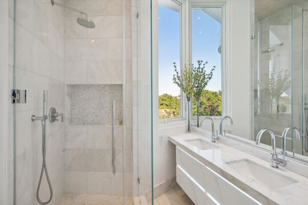 Bathroom, Dual Sink Vanities, Glass Shower, Interior, Marble Walls