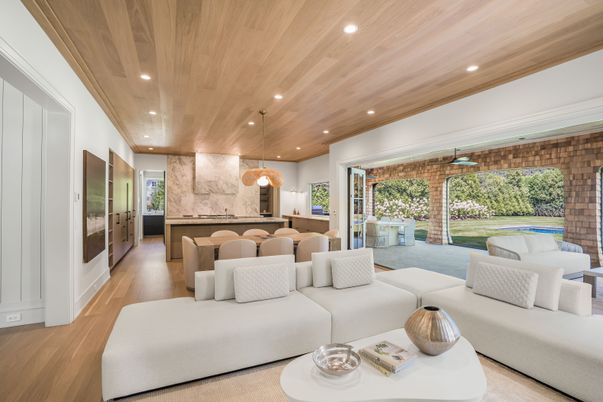 Interior, Kitchen, Living room, Marble Walls, Pendant Lights, Recessed Lighting, Wooden Ceilings, Wood Texture Flooring