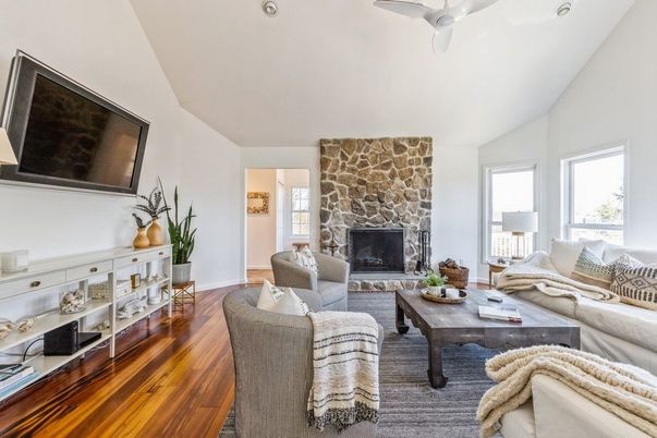Fireplace, Interior, Living room, Stone Walls, Wood Texture Flooring