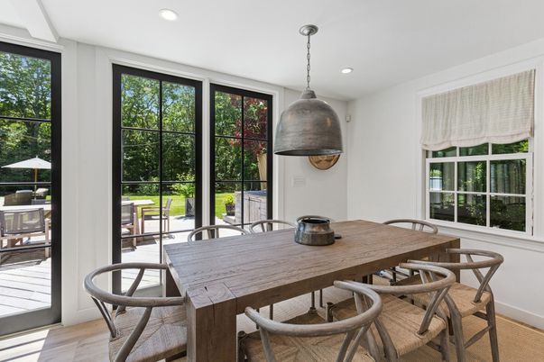 Dining room, Interior, Pendant Lights, Recessed Lighting, Wood Texture Flooring