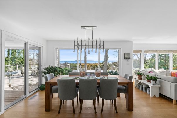 Dining room, Interior, Living room, Pendant Lights, Water, Wood Texture Flooring