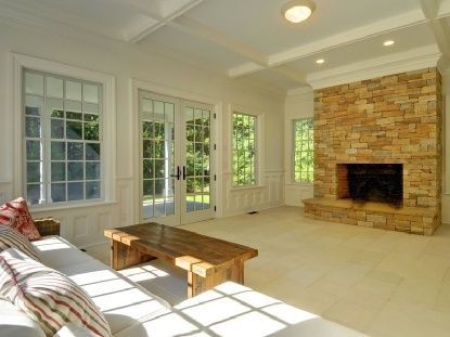 Fireplace, Interior, Recessed Lighting, Stone Walls