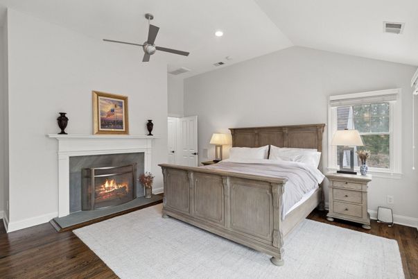 Bedroom, Fireplace, Interior, Recessed Lighting, Wood Texture Flooring