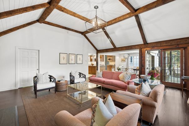 Interior, Living room, Pendant Lights, Wooden Beams, Wood Texture Flooring