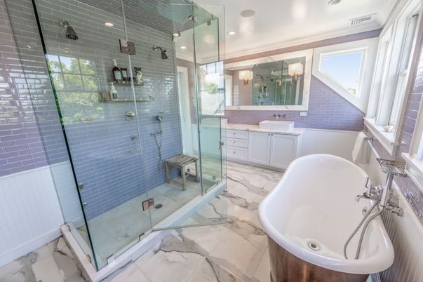 Bathroom, Dual Sink Vanities, Free Standing Baths, Glass Shower, Interior, Marble, Recessed Lighting