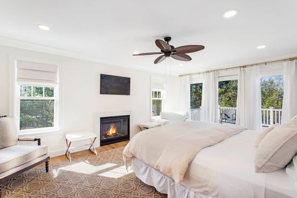 Bedroom, Fireplace, Interior, Recessed Lighting, Wood Texture Flooring