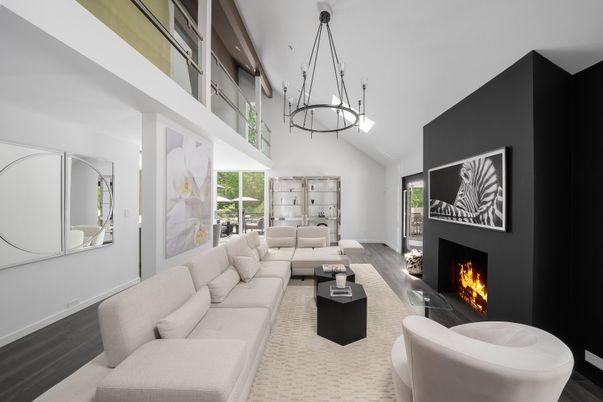 Fireplace, Interior, Living room, Pendant Lights, Wood Texture Flooring