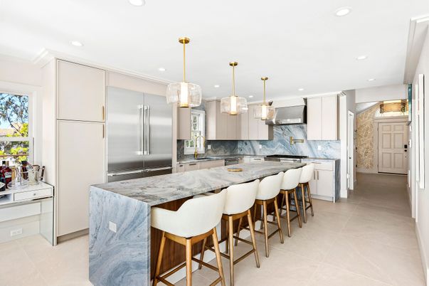 Interior, Kitchen, Marble Walls, Pendant Lights, Recessed Lighting, Stainless Steel Appliances