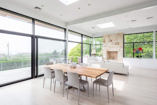 Dining room, Fireplace, Interior, Recessed Lighting, Stone Walls, Wood Texture Flooring