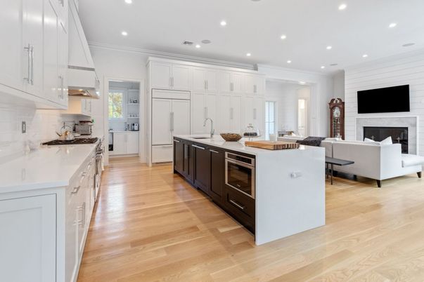 Fireplace, Interior, Kitchen, Living room, Recessed Lighting, Wood Texture Flooring