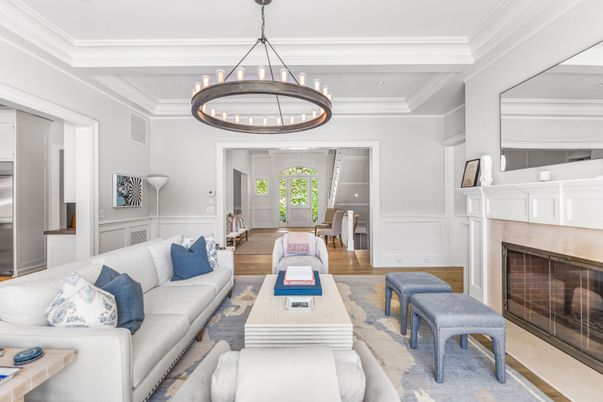 Chandelier, Fireplace, Interior, Living room, Pendant Lights, Wood Texture Flooring