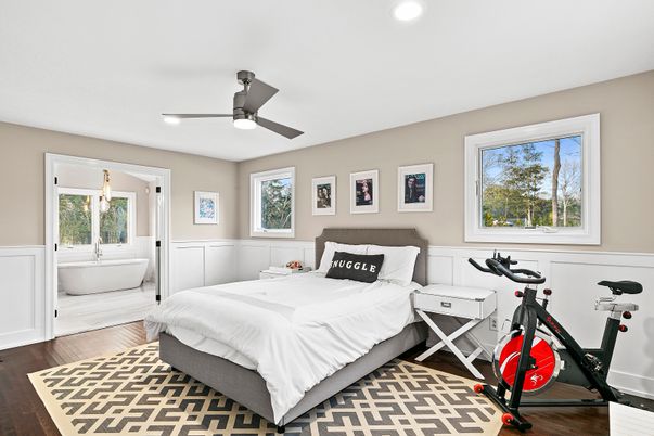 Bedroom, Fitness Equipment, Interior, Recessed Lighting, Wood Texture Flooring