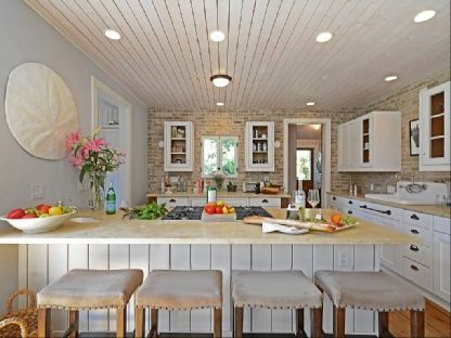 Interior, Kitchen, Recessed Lighting, Stone Walls, Wood Texture Flooring