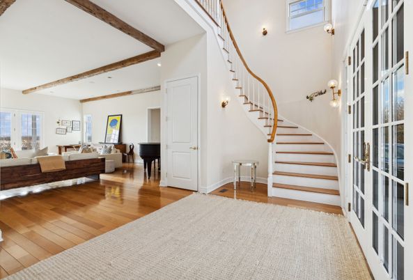 Interior, Living room, Piano, Recessed Lighting, Wooden Beams, Wood Texture Flooring