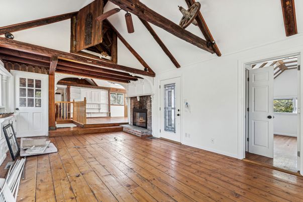 Empty room, Fireplace, Interior, Wooden Beams, Wood Texture Flooring
