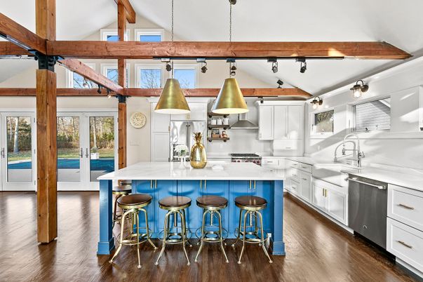 Interior, Kitchen, Pendant Lights, Stainless Steel Appliances, Wooden Beams, Wood Texture Flooring