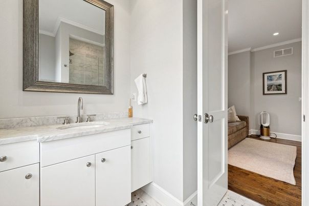 Bathroom, Interior, Marble, Recessed Lighting, Wood Texture Flooring