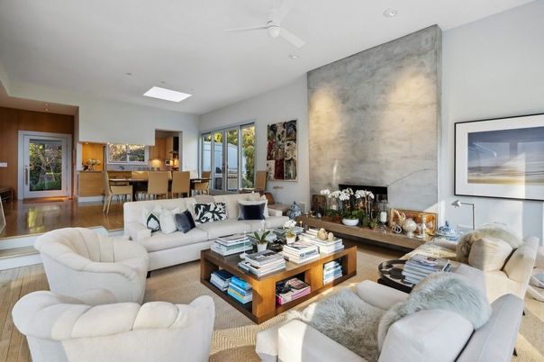 Dining room, Fireplace, Interior, Living room, Recessed Lighting, Wood Texture Flooring