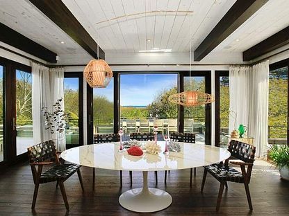Dining room, Interior, Pendant Lights, Recessed Lighting, Wood Texture Flooring