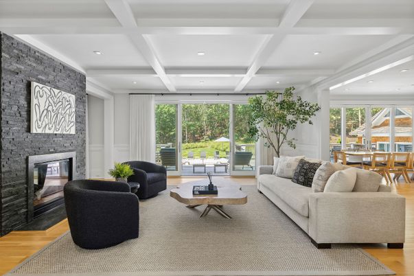 Dining room, Fireplace, Interior, Living room, Recessed Lighting, Wood Texture Flooring