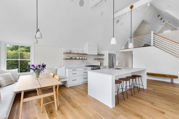Interior, Kitchen, Pendant Lights, Stainless Steel Appliances, Wood Texture Flooring