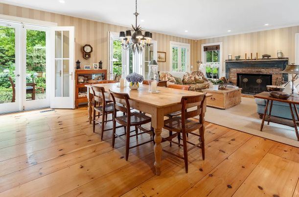 Chandelier, Dining room, Fireplace, Interior, Living room, Recessed Lighting, Wood Texture Flooring
