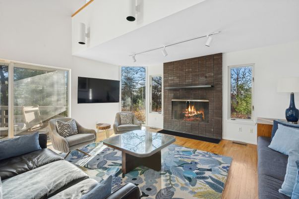 Fireplace, Interior, Living room, Stone Walls, Wood Texture Flooring