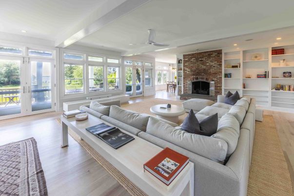 Fireplace, Interior, Living room, Recessed Lighting, Stone Walls, Wood Texture Flooring