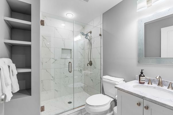 Bathroom, Glass Shower, Interior, Marble Walls