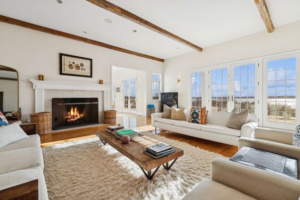 Fireplace, Interior, Living room, Recessed Lighting, Wooden Beams, Wood Texture Flooring