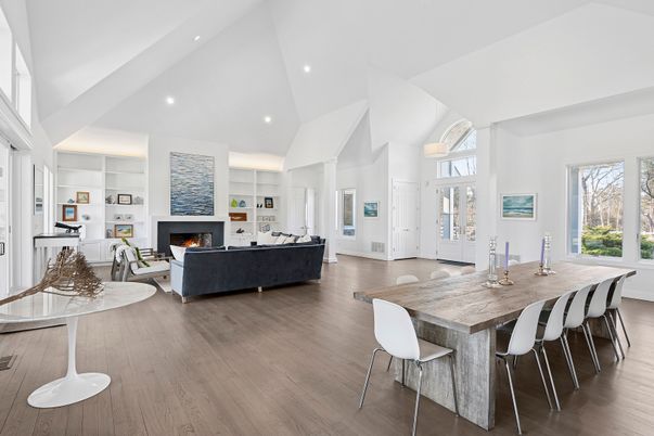 Dining room, Fireplace, Interior, Living room, Recessed Lighting, Wood Texture Flooring
