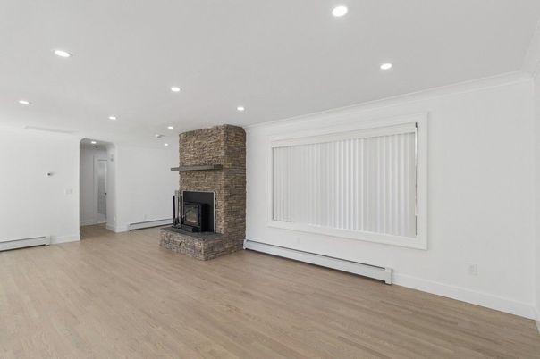 Empty room, Fireplace, Interior, Recessed Lighting, Wood Texture Flooring