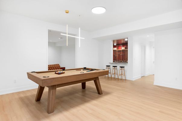 Billiard Table, Game Room, Interior, Recessed Lighting, Wood Texture Flooring