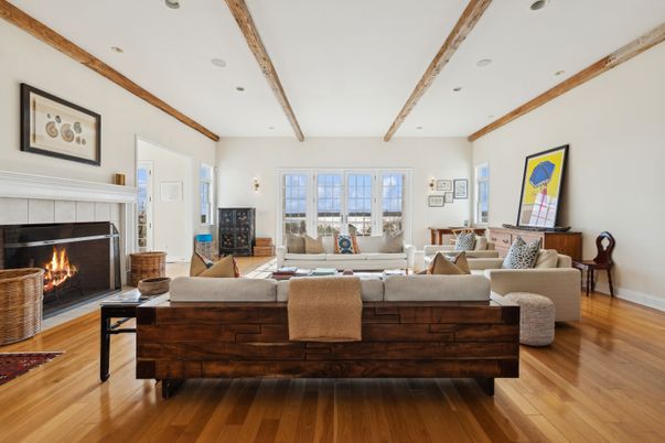 Fireplace, Interior, Living room, Recessed Lighting, Wooden Beams, Wood Texture Flooring