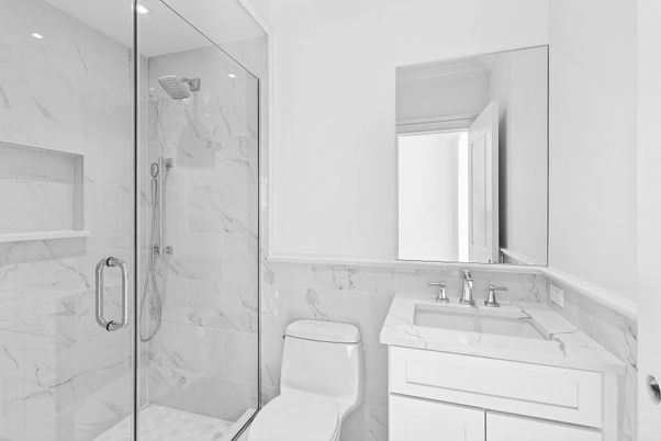 Bathroom, Glass Shower, Interior, Marble Walls, Recessed Lighting