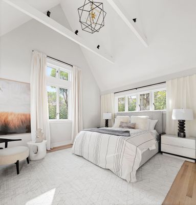 Bedroom, Interior, Pendant Lights, Wood Texture Flooring