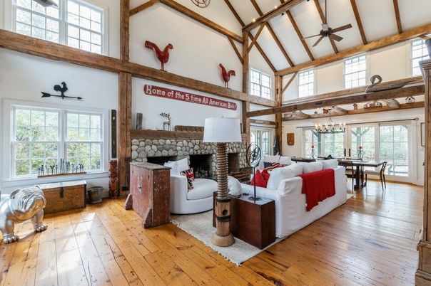 Chandelier, Dining room, Fireplace, Interior, Living room, Pendant Lights, Wooden Beams, Wood Texture Flooring