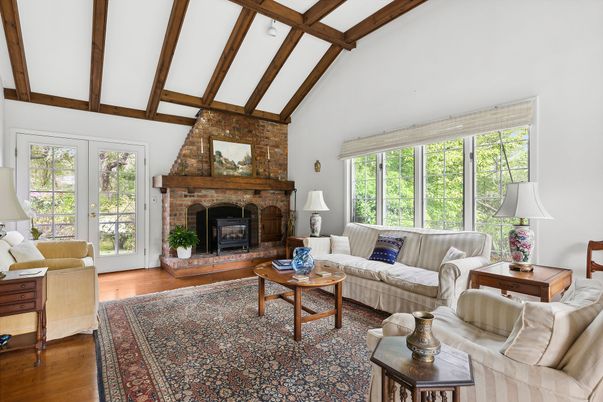 Fireplace, Interior, Living room, Stone Walls, Wooden Beams, Wood Texture Flooring