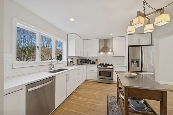 Interior, Kitchen, Pendant Lights, Recessed Lighting, Stainless Steel Appliances, Wood Texture Flooring