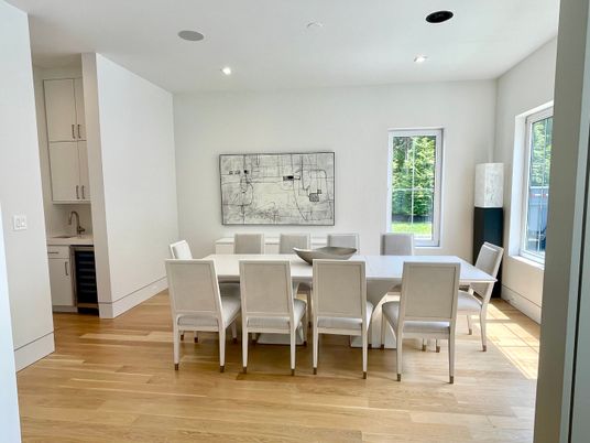 Dining room, Interior, Recessed Lighting, Wood Texture Flooring