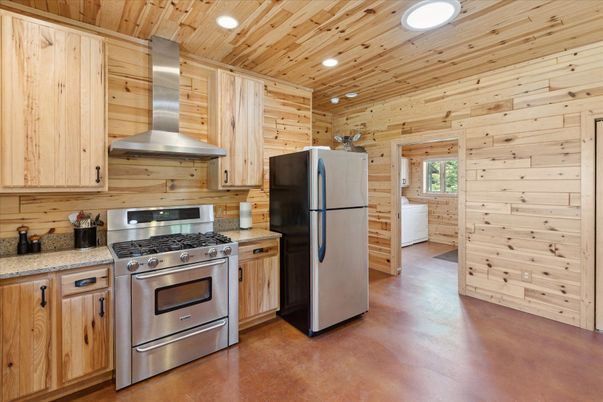 Interior, Kitchen, Recessed Lighting, Stainless Steel Appliances, Wooden Ceilings, Wood Texture Flooring, Wooden Walls